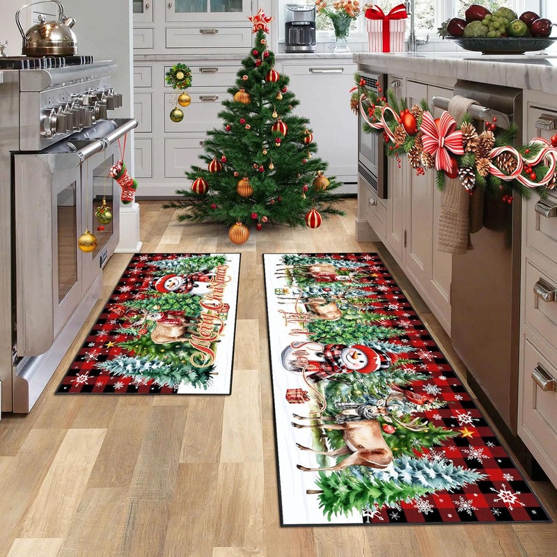 UYDOXCU Merry Christmas Kitchen Rugs and Mats Set of 2, Buffalo Plaid Winter Xmas Holiday Home Kitchen Decor Floor Mats, Washable Non-Slip Sink Carpet (Christmas 2, 17"x47"+17"x30") - Image 1